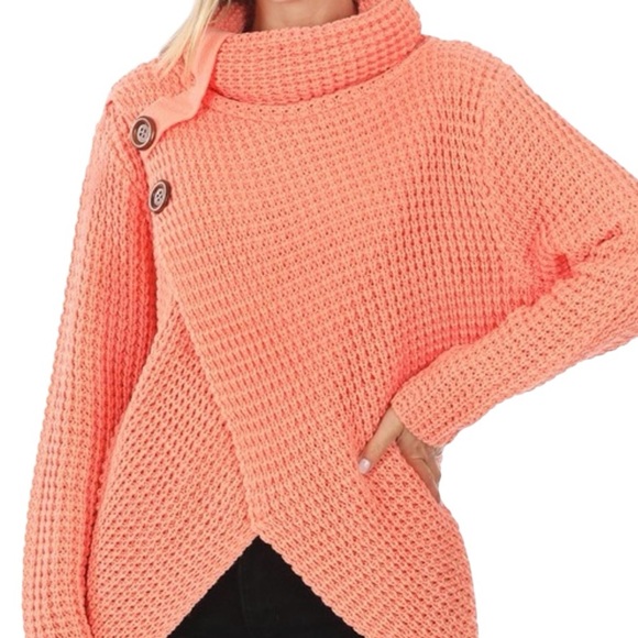 Zenana Outfitters Sweaters - Zenana Turtleneck Waffle Crossover Button Sweater, P2P:20.5”, L:28”, NWT-Coral